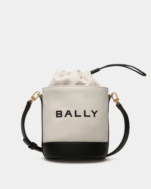 Bar Mini Bucket Bag in White And Black Canvas And Leather