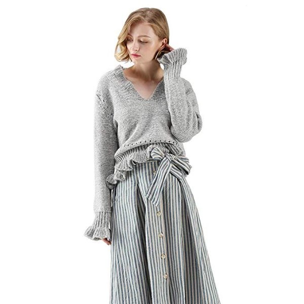 Women's Grey V-Neck Soft Frilling Knit Sweater Pullover