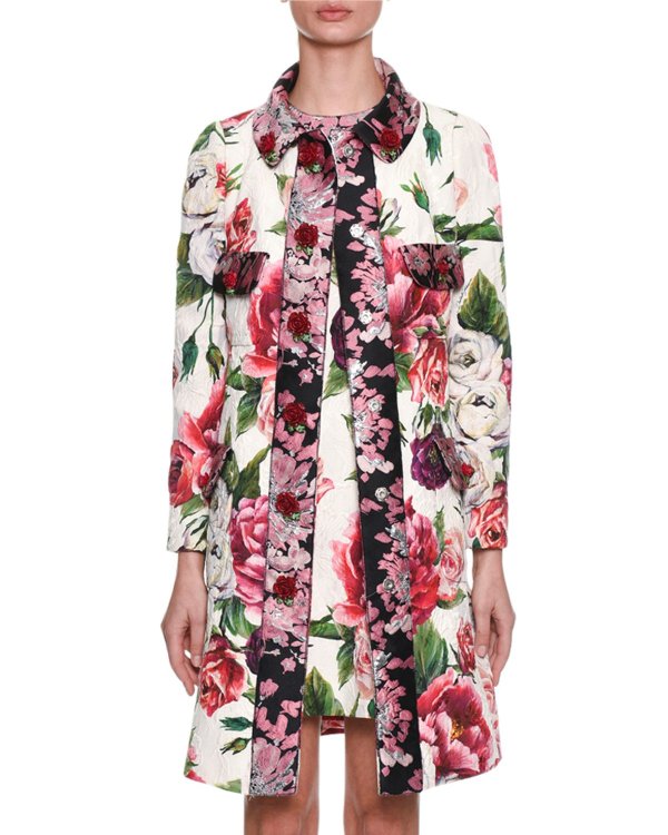 Long-Sleeve Rose Peony Jacquard Brocade Coat