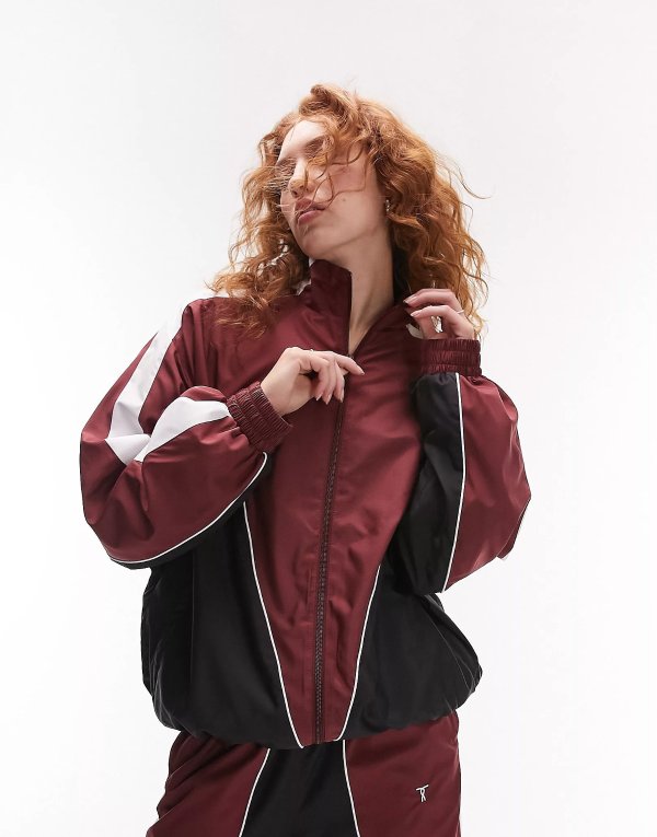 oversized sporty shell jacket in burgundy - part of a set