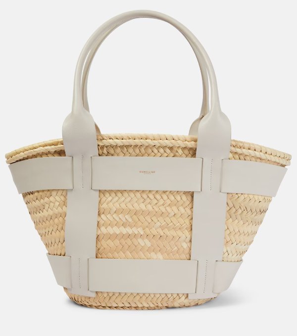 Santorini leather-trimmed straw tote bag