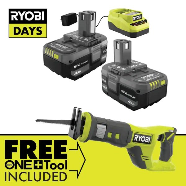 ONE+ 18V Lithium-Ion 4.0 Ah Compact Battery (2-Pack) and Charger Kit with FREE Cordless ONE+ Reciprocating Saw
