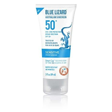 Blue Lizard Sensitive Mineral Sunscreen with Zinc Oxide, SPF 50+, Water Resistant, UVA/UVB Protection with Smart Cap Technology - Fragrance Free, 3 oz. Tube