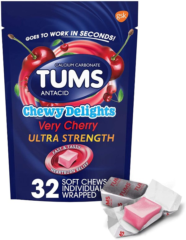 Chewy Delights Ultra Strength Antacid Soft Chews for Chewable Heartburn Relief and Acid Indigestion Relief, Very Cherry - 32 Count Red