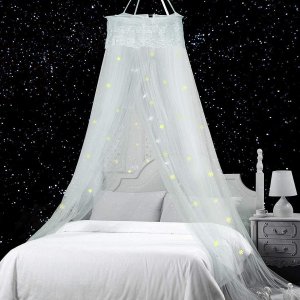 Jeteven Bed Canopy Lace Mosquito Net with Stars Snowflake