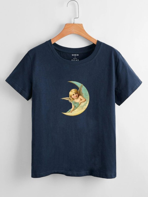 月亮天使印花T恤