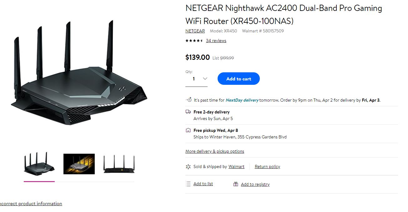 NETGEAR Nighthawk AC2400 Dual-Band Pro Gaming WiFi Router (XR450-100NAS)路由器
