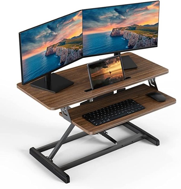 Standing Desk Converter, 35” W Adjustable Height Desk Riser w/ Removable Keyboard Tray, Gas Spring,Fits 2 Monitors, Stand up Desk Riser for Standing or Sitting,Ideal for Home Office, Walnut Color