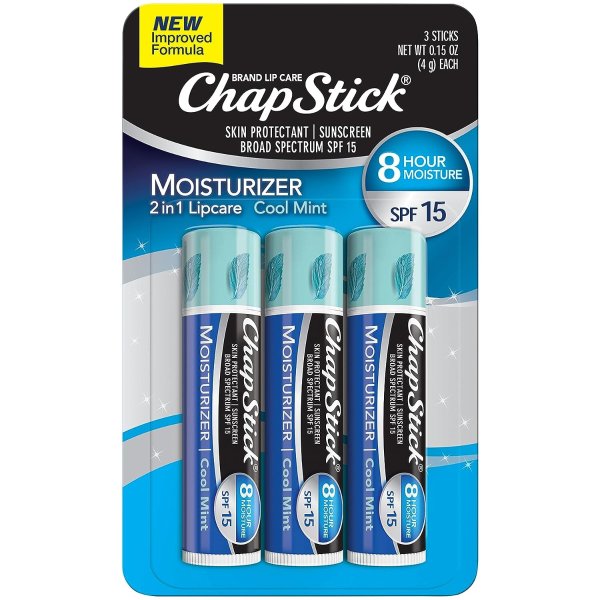 Moisturizer Cool Mint Lip Balm Tubes, SPF 15 and Skin Protectant - 3 Count (Pack of 1