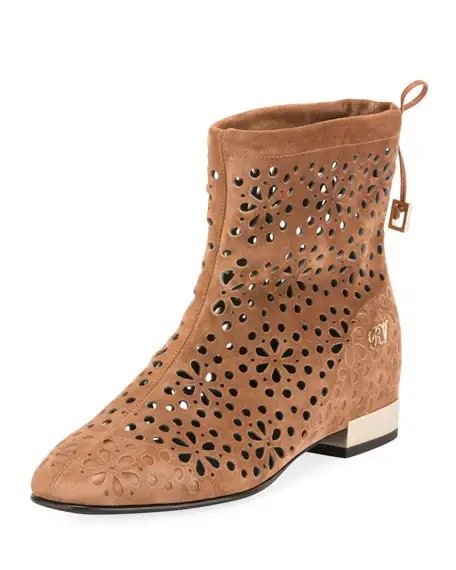 Floral-Perforated Suede Flat Booties