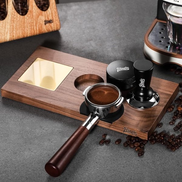 Coffee Tamping Station,Natural Walnut Tamping Station Holder,Compatible with 51/53/58mm of Tampers, Dispensers and Strainer Handles