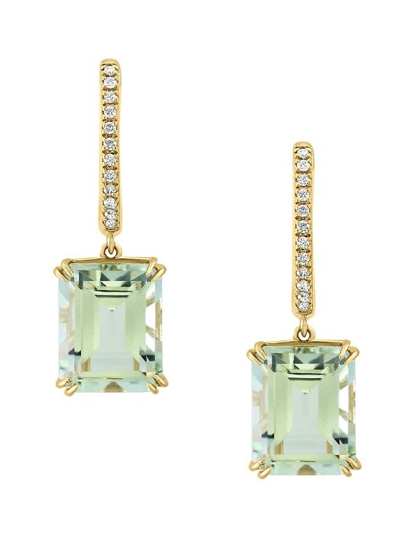 14K Yellow Gold, Green Amethyst & 0.09 TCW Diamond Drop Earrings