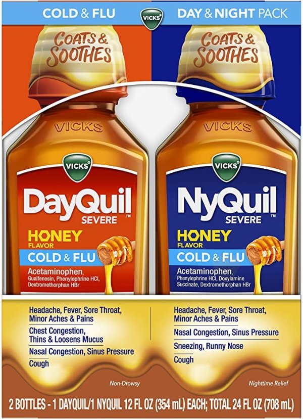 DayQuil & NyQuil Severe Honey, Cough, Cold & Flu Relief, Sore Throat, Fever, & Congestion Relief, Day & Night Relief, 12 FL Day & Night Pack