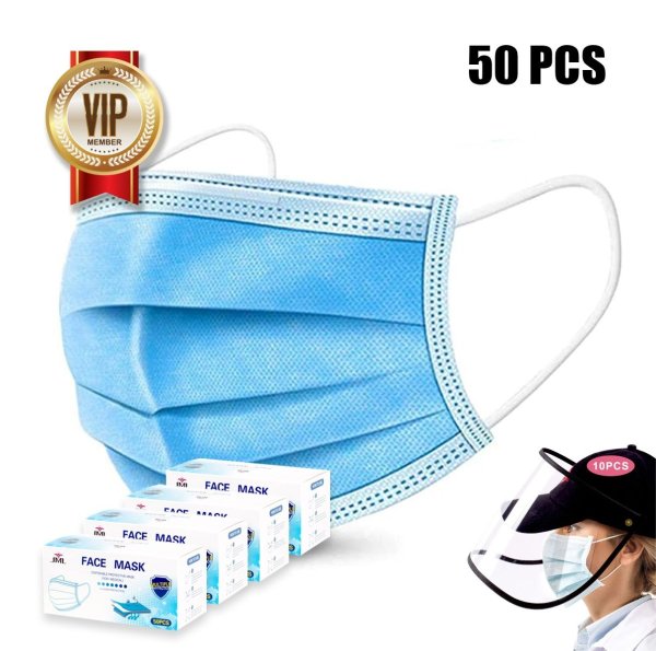 4 Pack (50 pcs each pack) Disposable Mask 3 Layer Protection With Free 1 box reuseable All-Round Protection Hat Shield (10 pcs)