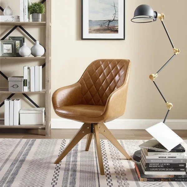 Art-Leon Classical Swivel Office Accent Arm Chair with Wood Legs - Walnut Finished Wood Legs - Light Brown Faux Leather