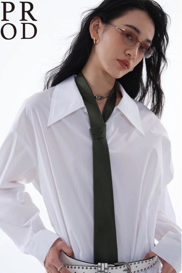 Loose Fit Pointed Collared Long Sleeve Blouse / White