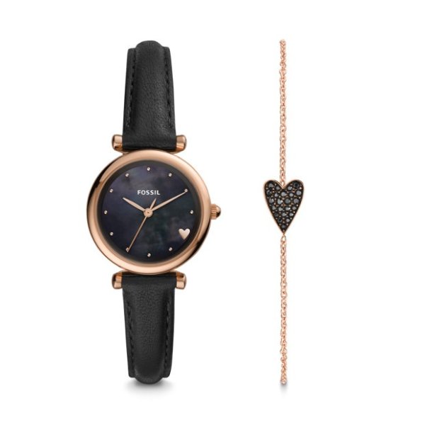 Carlie Mini Three-Hand Black Leather Watch and Bracelet Box Set