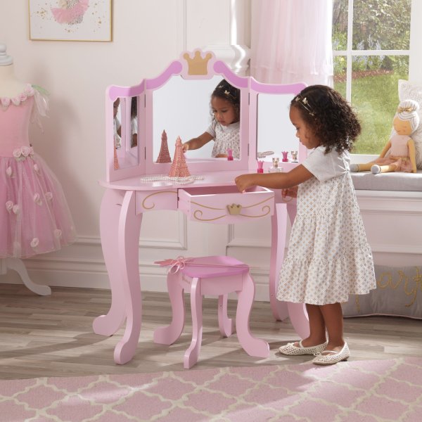 Wooden Princess Vanity & Stool Set with Mirror, Pink