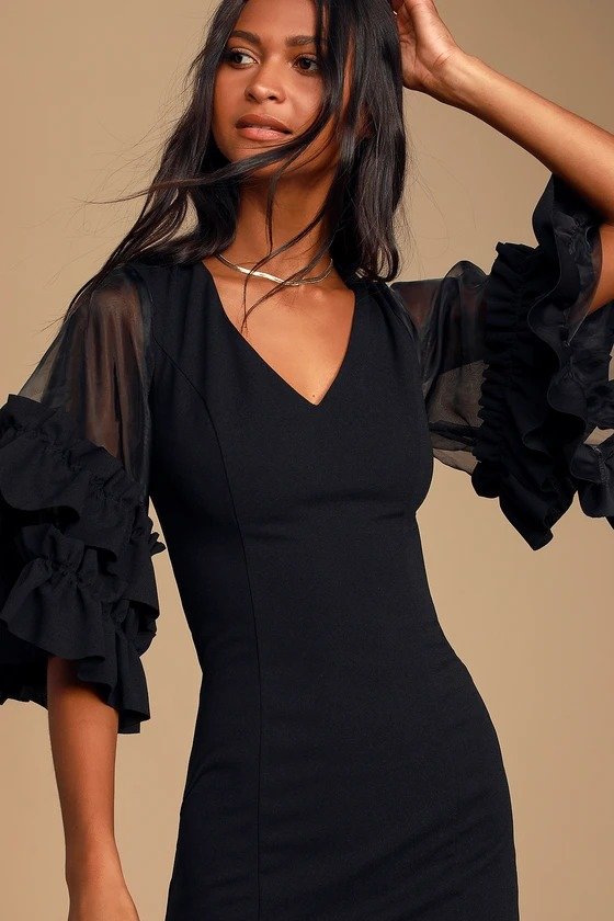 Messages of Love Black Ruffled Short Sleeve Bodycon Dress