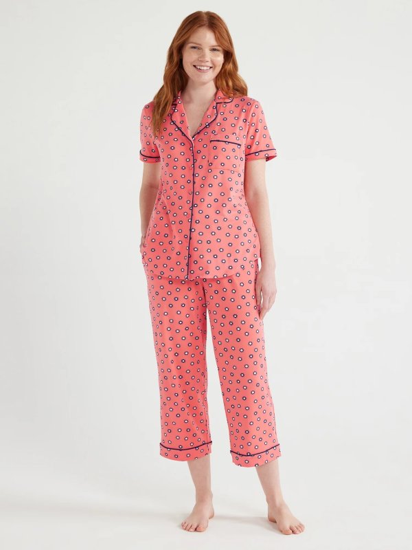 Women's Knit Notch Collar Top and Capri Pants Pajama Set, 2-Piece, Sizes S to 3X