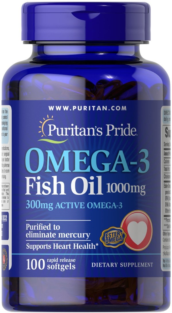 Omega-3 Fish Oil 1000 mg, Active Omega-3 100 Softgels| Puritan's Pride