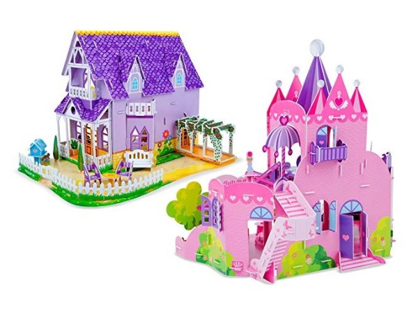 3-D Puzzle Kits Set: Pretty Purple Dollhouse and Pink Palace