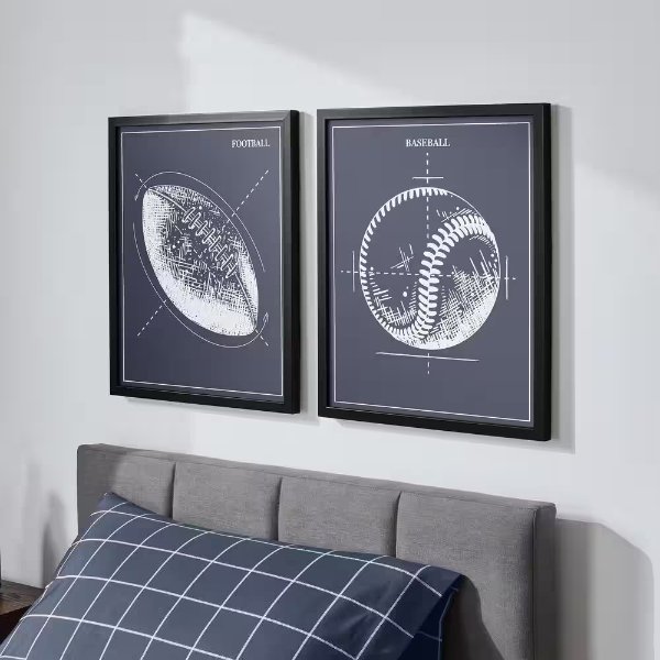 Black Framed Blue Football and Baseball Wall Art 21 in. H x 17 in. W (Set of 2)