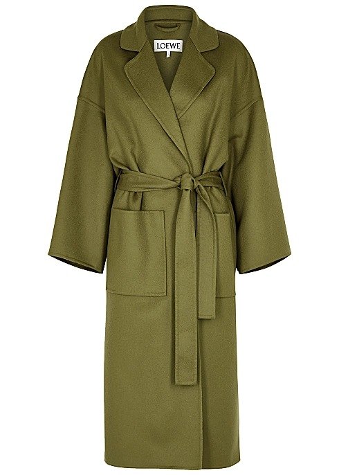 Olive belted wool and cashmere-blend coat