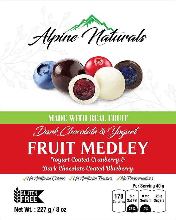 Alpine Naturals Fruit Medley Dark Chocolate Blueberries & Yogurt Cranberries, 8 Ounce