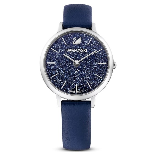 Crystalline Joy 腕表, 真皮表带, 蓝色, 不锈钢 由施华洛世奇