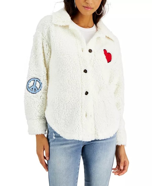 Juniors' Patch-Trimmed Button-Up Sherpa Shacket
