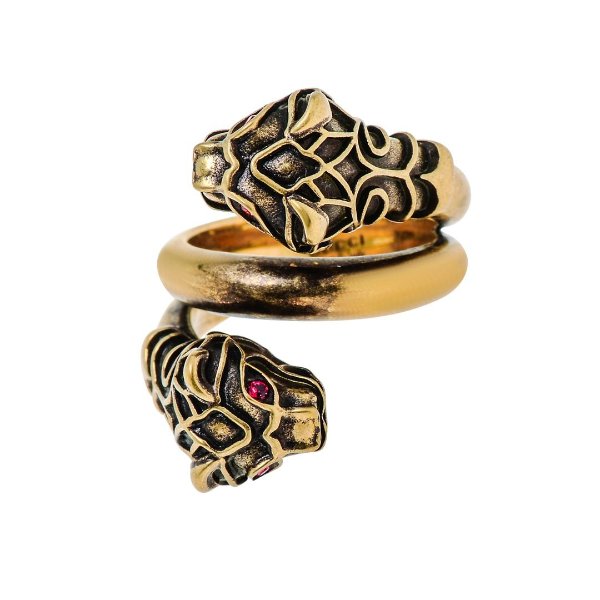 Gold-Toned Brass, Crystal Tiger Head Statement Ring YBC398971002013