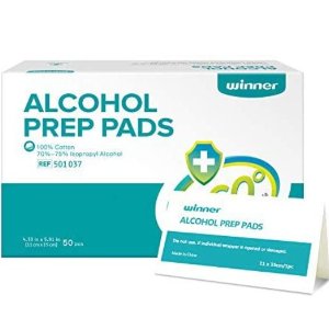 Winner Alcohol Prep Pads,Large Size, 4-Ply Square Cotton Pads Well-Saturated in Alcohol, 50 Alcohol Wipes (4.33” X 5.19”)