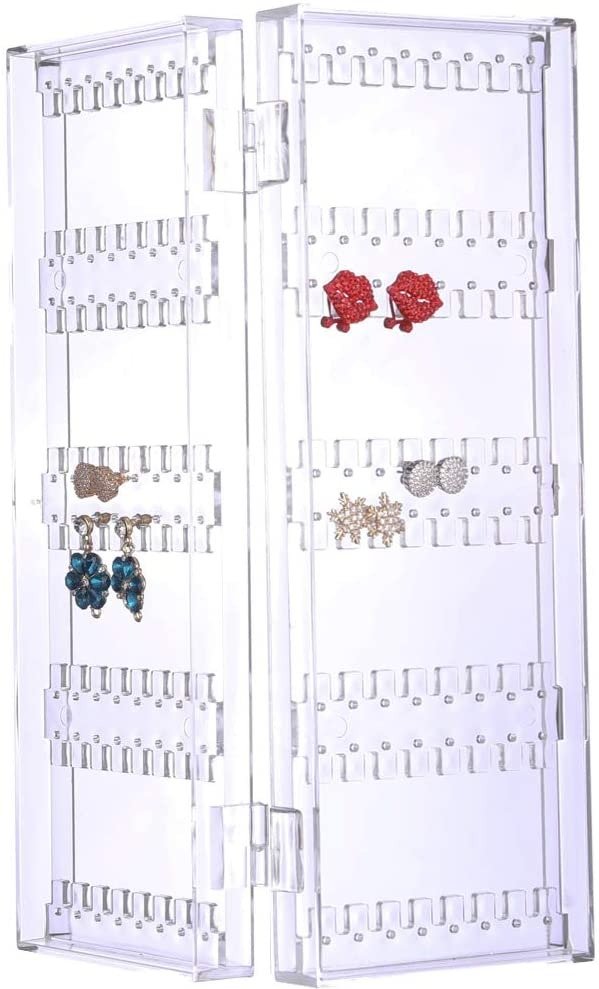 128 Holes 5 Tiers Acrylic Earrings Holder 2 Doors Foldable Necklace Hanging Jewelry Organizer Double Sided Stand Display,Clear