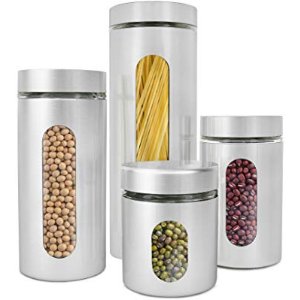 Estilo 4 Piece Brushed Stainless Steel and Glass Canisters with Window, Silver @ Amazon