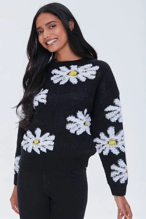 Daisy Print Drop-Sleeve Sweater