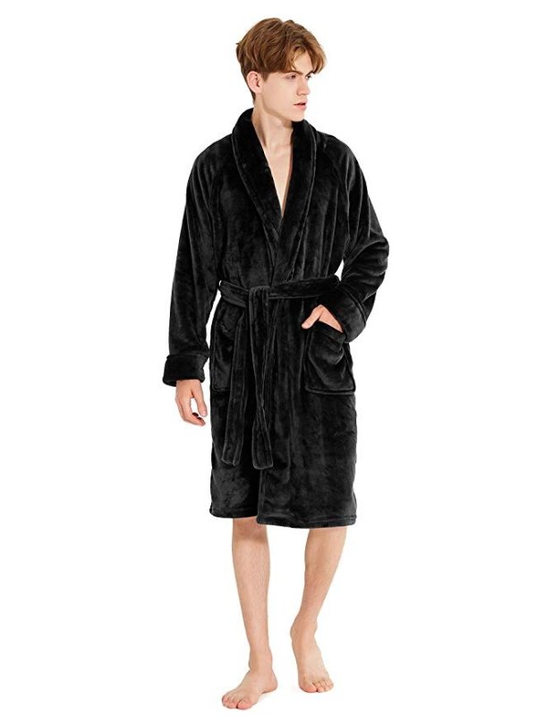 Men's Fleece Robe Ultra Soft Plush Shawl Collar 3/4 Length Long Bathrobe