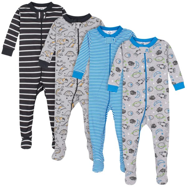 4-Pack Baby & Toddler Boys Dinosaurs & Space Snug Fit Footed Cotton Pajamas