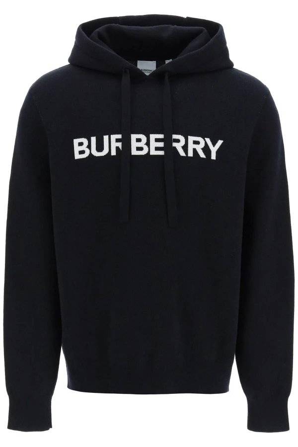 hooded pullover with lettering logo jacquard