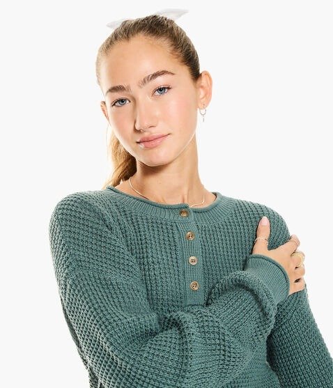 Waffle-Knit Cropped Henley Sweater