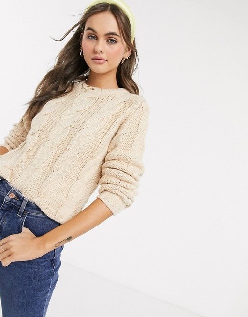 Brave Soul craft cable knit sweater in biscuit | ASOS