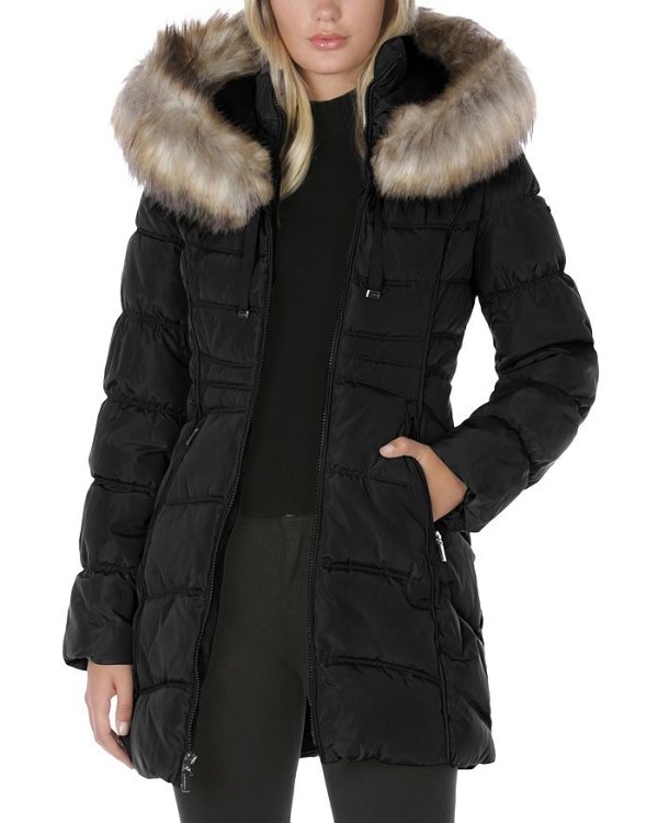 Hooded Faux Fur Trim Puffer Coat