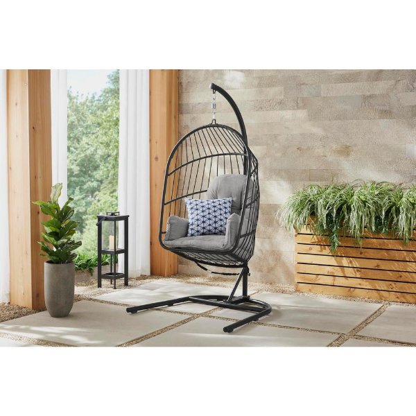 Collapsible Steel Rope Folding Patio Egg Chair Swing with Black Base and Gray Cushions