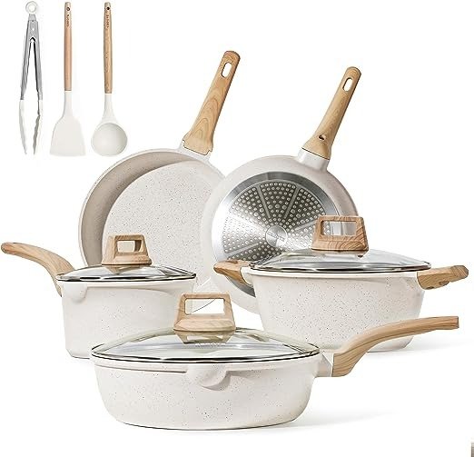Pots and Pans Set Nonstick, White Granite Induction Kitchen Cookware Sets, 11 Pcs Non Stick Cooking Set w/Frying Pans & Saucepans(PFOS, PFOA Free)