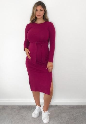 Raspberry Rib Long Sleeve Maternity Midi Dress
