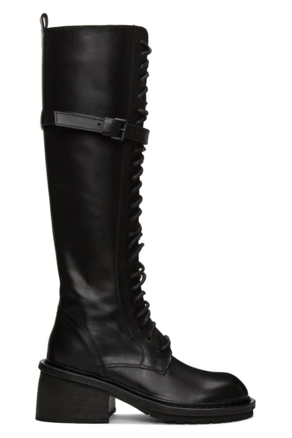 Black Leather Heel Lace-Up Boots