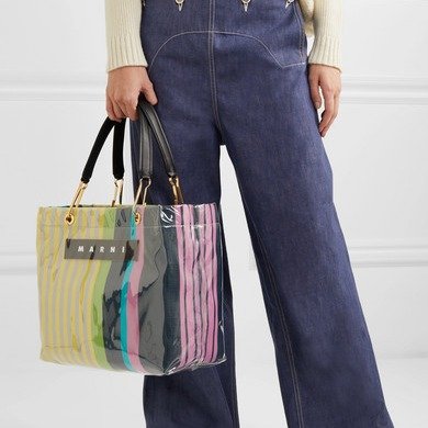 Grip medium leather-trimmed PVC and striped canvas tote
