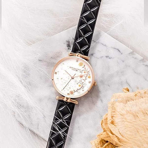 Quartz Watches for Women Floral Dial with Genuine Leather Strap Stainless Steel Mesh Band Ladies Wristwatch
