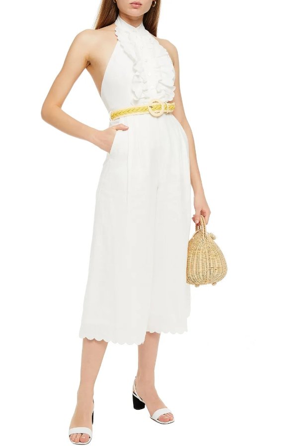 Amelie Frill cropped belted ruffled linen jumpsuit