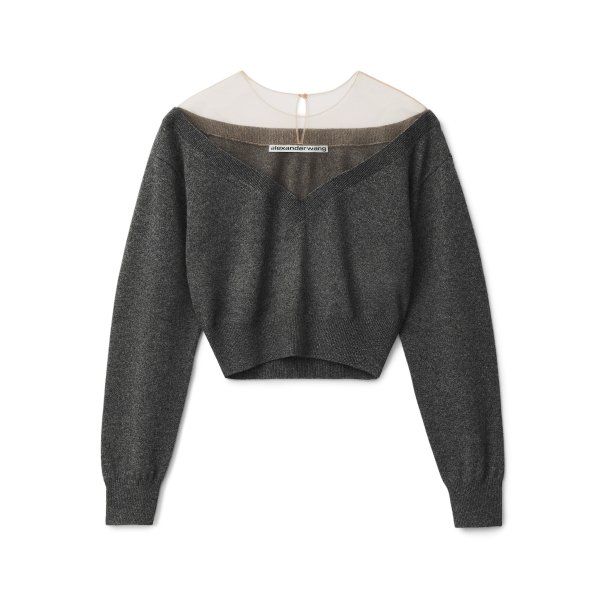 alexanderwang CROP TOP IN ILLUSION TULLE WOOL CASHMERE #RequestCountryCode#